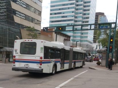 St. Albert transit bus #808 on Jasper Avenue. Photo taken by author on July 21, 2020.
