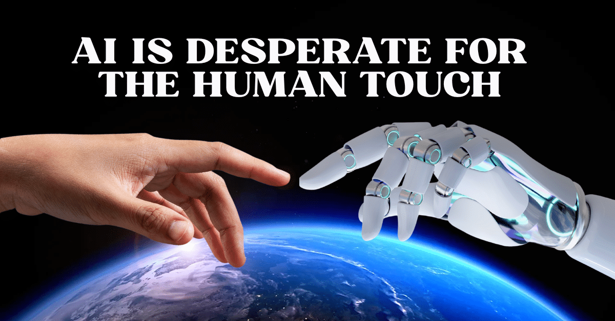 A human hand nearly touching a robotic hand.