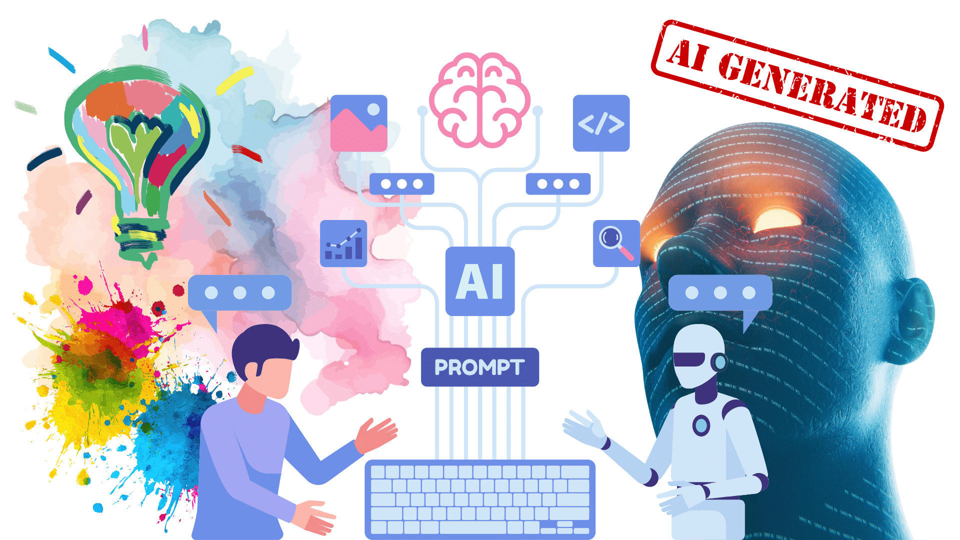 The words AI and PROMPT appear in bubbles as part of a tree made out of digital bubbles that grow out of the top of a keyboard at the center of the image. Other bubbles in the tree contain ellipses, and other common computer thumbnail designs. To the left of the prompt tree is an image of a cartoon person, with paint splatters behind them, and a colorful lightbulb above their head made out of paint strokes. To the right of the prompt tree is an image of a cartoon robot with a large computer generated head that is blue with glowing yellow eyes, and the words AI GENERATED stamped in red above the head.